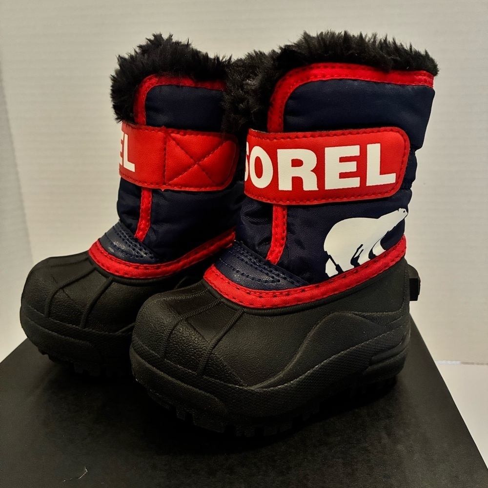 NIB Sorel Toddler Insulated Snow Commander Boots Red/Blue w/Black Soles; Size 4
